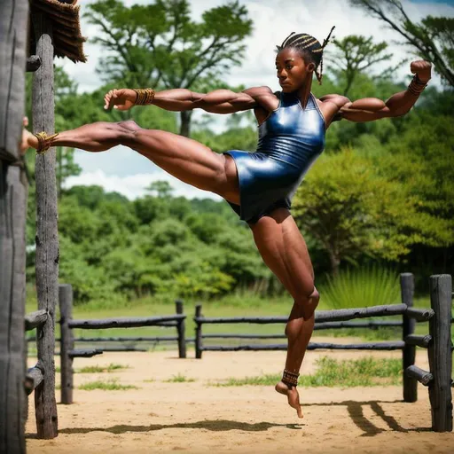 Prompt: (Hyperrealistic highly detailed sharp wide shot full body photography of ebonian martial artist woman doing a flying kick on a (training dummy)) strong-willed, deeply focused, skilled, athletic, strong, agile, fast. Perfect body. Sweat. Jump. Kick. (Flying kick stance). Traditional clothes. Old, tribal training ground. Broken wooden training dummies. Dark night. Dim light. Traditional. Kung-fu. Remanent Speed effect.