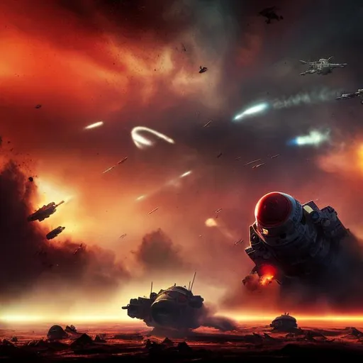 Prompt: spacecraft invasion of a planet, war with other spacecraft, fighting, dust, smoke, fire, dark red and yellow foggy and abstract, explosions, destruction
