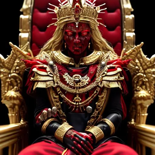 Prompt: Bored, Unstatsisfied, bleeding, blood, red, gold, god-like figure, diety, divine, evil, on a Throne, War General, Highly Detailed, Hyperrealistic, sharp focus, Professional, UHD, HDR, 8K, Render, HD, Trending on ArtStation, close up