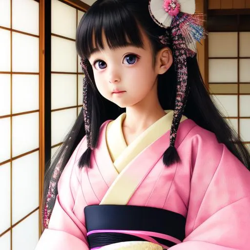 Prompt: extreme high definition, extreme detail, little traditional japanese  girl, traditional japanese furisode, traditional japanese hair set, full body, extremely beautiful eyes, extremely beautiful look, natural daylight