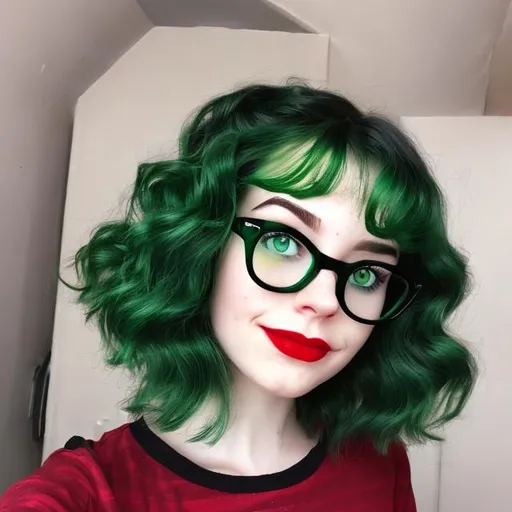 Prompt: Cute girl, green hair, wavy hair, black glasses, red lipstick