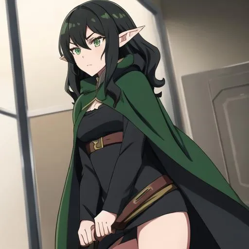 Prompt: girl with black wavy hair and green eyes. She is a thief at night in a cloak. She has elf ears