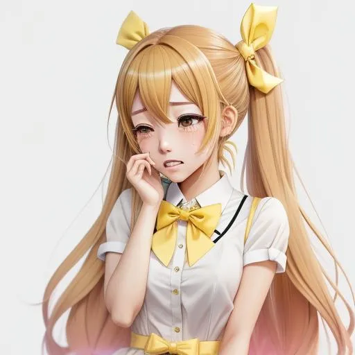 Prompt: an pretty anime girl with a cute yellow bow tie, crying, tears 