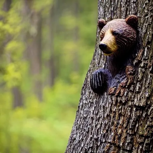 Prompt: Clear focused image of a bear on a tree