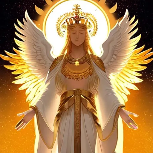 Prompt: The Sun God with six golden wings, in a white long dress, a golden halo over his head, a crown on his head and long golden hair