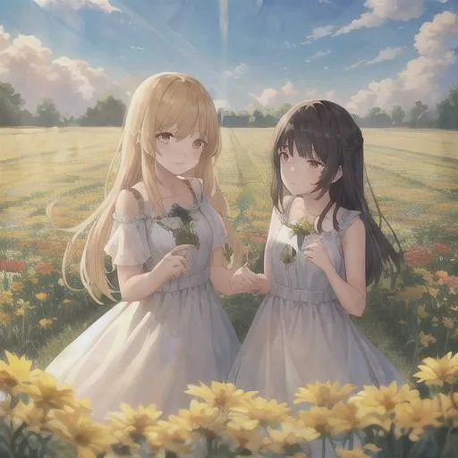 Prompt: Girls on the flowers field, Sunray, best quality, masterpiece