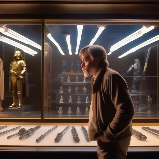 Prompt: ghibli movie character based off Mark Hamill looking at wall filled off lightsabers on a detailed display case in a museum, consistent lighting and mood throughout