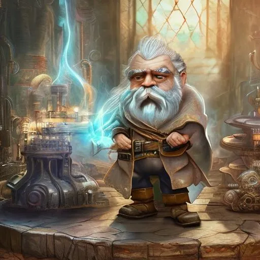 Prompt: looking from below, full body visible, masterpiece best quality hyperdetailed intricate Portrait of Gnome Enchanter with Greying hair and with serious face, steampunk laboratory background, perfect composition, hyperrealistic, super detailed, 8k, high quality, trending art, trending on artstation, sharp focus, studio photo, intricate details, highly detailed