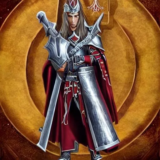 Prompt: male high elf, wearing a shield and a warhammer with a religious symbol on them. he wears silver armor and a red coat above it