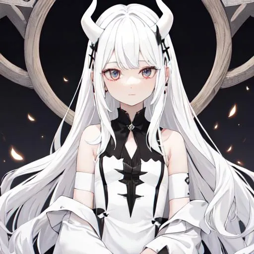 Prompt: Zaley 1female (white hair) {white demon horns} child, 10 years old,