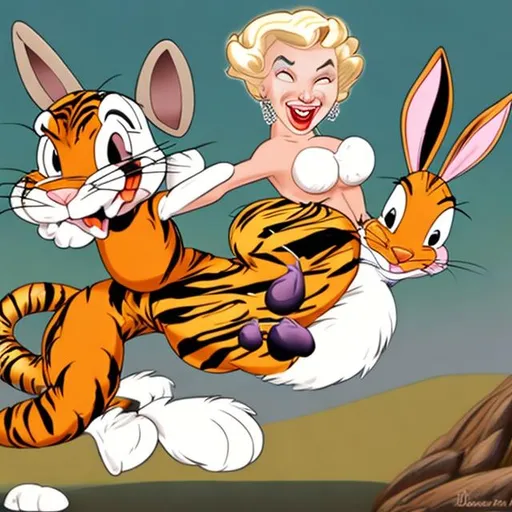 Prompt: bugs bunny looney tune dressed as marlyn monroe riding a tiger