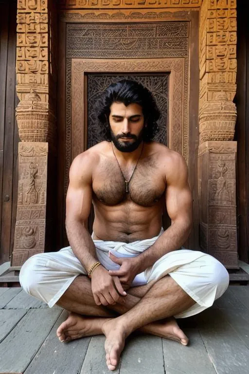 Prompt: portrait of "rugged hyperreal tall dreamy man" lean "muscular" "hypermasculine" brahmin charming kashmiri hunk, closed eyes, sitting meditating, dhoti, in the middle of a "mammoth temple, detailed, hyperreal", "blissful" goodlooking, with black hair and with rugged face, very hairy chest and armpits,People in the crowd are hypnotised at the man, arena, perfect composition, hyperrealistic, super detailed, 8k, high quality, trending art, trending on artstation, sharp focus, studio photo, intricate details, highly detailed, by greg rutkowski
