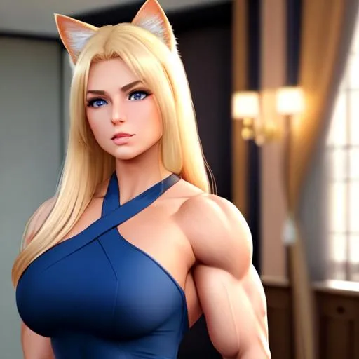 Prompt: {{blonde hair, blue eyes, cat ears}}
{{woman, enormous muscles, giant muscles, muscular woman, hulking, flexing, biceps, full body}}
{{elegant dress, fancy clothes, ballroom}}
perfect face, perfect body, photorealistic, hyperrealistic, photograph, 22mm lens, 4k, soft lighting, 