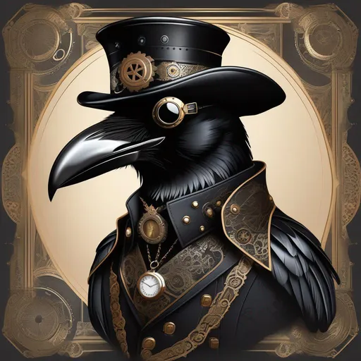 Prompt: steampunk anthropomorphic crow, black plague mask  Artstation illustrators, intricate details, face, full body portrait, dim light, illustration, UHD, 4K