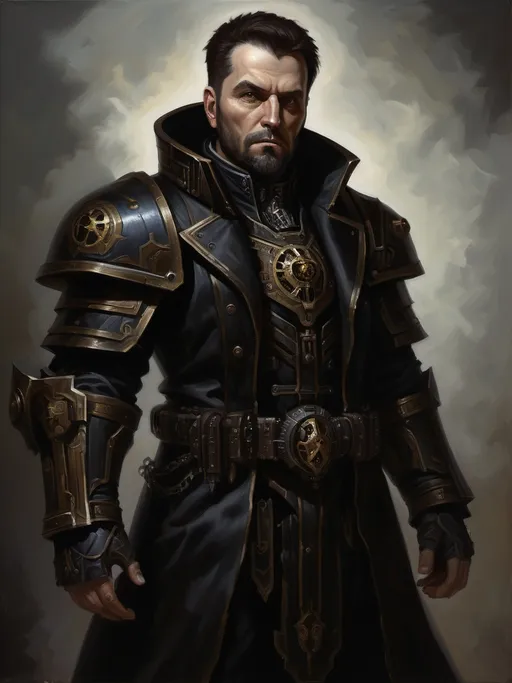 Prompt: full-body oil painting of a male Warhammer 40k sanctioned psyker, dark tones, short thick brown hair, styled brown beard, worry lines, (highly detailed piercing brown eyes), detailed, oil painting, dark fantasy, intense gaze, wh40k, dark black clothing, soft highlights, soft shadows painterly, painted, 19th century impressionist brushwork, dark black gunmetal hi-tech psyker light_armor, dark black gunmetal 40k psyker hi-tech gear, (psyker), Caucasian, up-lit under-lit face, highly detailed facial features, 