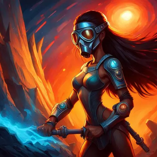 Prompt: High-resolution, very detailed, and realistic. retro-futuristic, D&D, mtg card art. A woman with dark skin, wearing a gas mask {skull paint job}. with extra long hair, and {{DDD cup sizes breasts}}. holding a sword {{laser}}. warm autumn colors. spaceship wrecks. Alcohol ink painting effect.