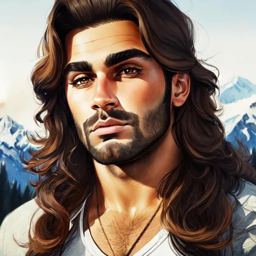 Prompt: man, brown middle part hair, medium long hair, brown eyes, thick black eyebrows, juicy lips, beautiful nose, oval face, golden earring left side ear, mountain background, detailed face portrait, realism, 4k, HD