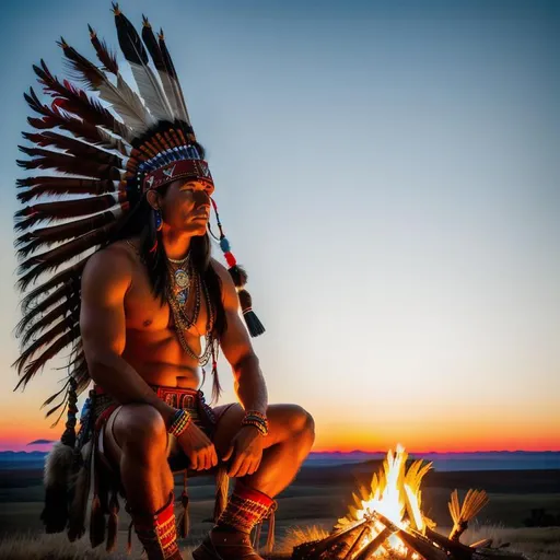 Prompt: long shot, HD, 3D, Native American Male dressed as warrior with majestic warbonnet  seated near a campfire, Hazy, expansive plains background, digital painting, uber detailed, 64k, high quality, sharp focus, studio photo, intricate details, highly detailed, Perfect viewpoint, highly detailed, wide-angle lens, hyper realistic, with dramatic sunset sky, polarizing filter, natural lighting, vivid colors, everything in sharp focus, HDR, UHD, --s98500