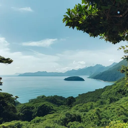 Prompt: a mountain view across the sea on a sunny day