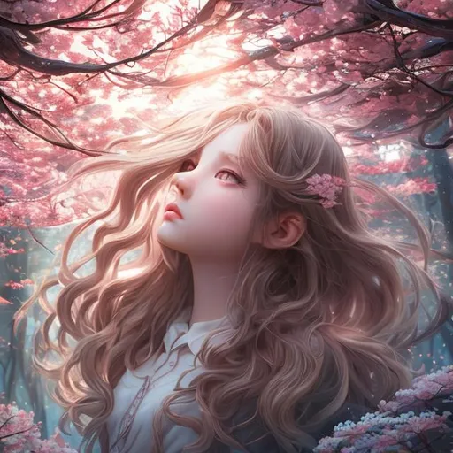 Prompt: (masterpiece) (highly detailed) (top quality) (cinematic shot)  anime style, 4:1, front view, goddess of forest, instagram able, 1girl, reflections, depth of field, 2D illustration, professional work, long hair, blonde hair, centered shot from below, dark blue eyes, cherry blossom forest.