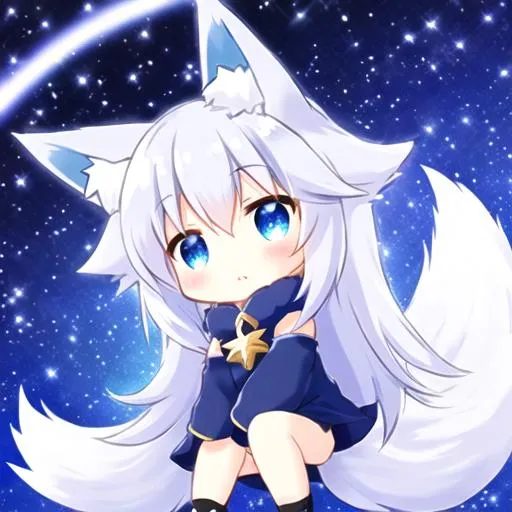 Prompt: Cute anime fox dark blue, white stars all over body, high definition white ring around  tail (air in between tail and ring!!!)