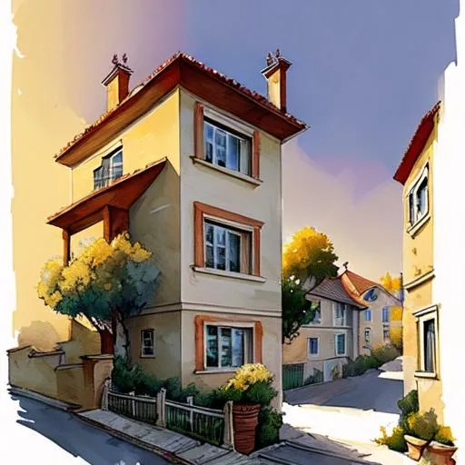 Prompt: a beautiful two story house in a beautiful village, illustrated, dawn, sunrise, good brightness