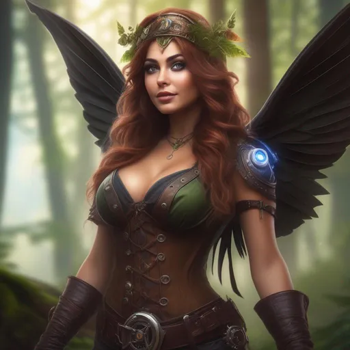 Prompt: Epic. Cinematic. 4k.  8k.  Wide angle. Full body shot. Hyper realistic painting. Concept art. matte painting. Detailed Illustration. photo realistic. A beautiful, buxom woman with broad hips. extremely colorful, bright eyes,  standing in a forest by a sleepy town. Shes a Steam Punk style witch.  A Winged fairy, with a skimpy, very sheer, gossamer, flowing outfit.  A picturesque Halloween night.  Octane render. Trending on artstation.