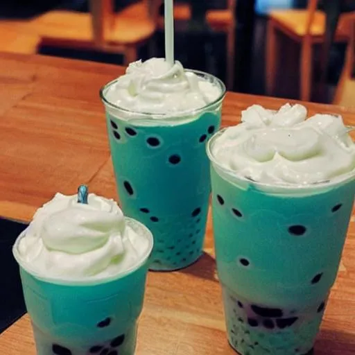 Turquoise tapioka bubble tea, whipped cream, yummy,... OpenArt