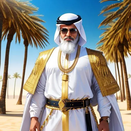 Prompt: A man in Arabian desert,with medium sized beard,white and golden outfit,with golden belts,reflection from golden belts,palm trees in background,shiny outfit,perfect lighting,hair not visible,an ancient necklace,black eyes,8k,ultra resolution,best quality,highest details