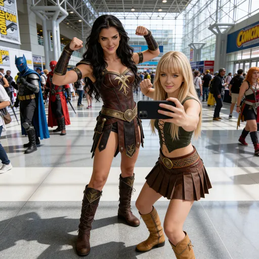 Prompt: This is a close-up portrait of the women, and they occupy the majority of the frame. 

The blonde woman is slightly shorter and taking a selfie with a black iPhone.

The dark-haired woman is slightly taller, and she is posing with the blonde-haired woman for the selfie.

They both make a wild pose.

The background is the interior of a brightly lit atrium of a convention center during a Comicon. The are many other people in the background and several are cosplaying characters from movies and comic books.
