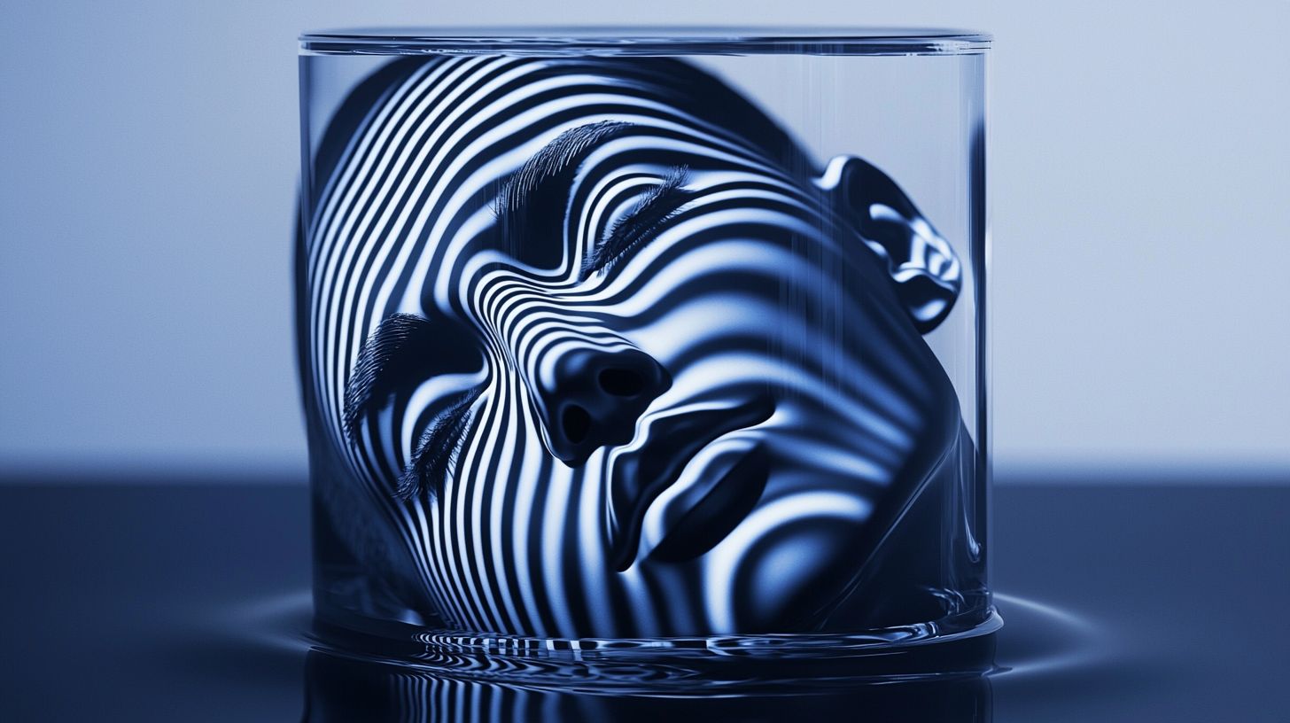 Prompt: a picture of a head within a glass, in the style of video feedback loops, stripes and shapes, machine aesthetics, light silver and dark navy, future tech, alex ross, calming and introspective aesthetic