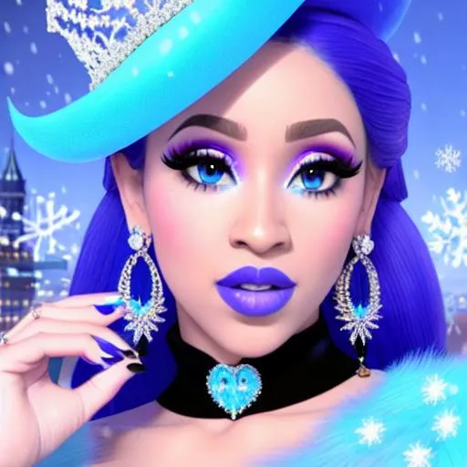 Prompt: Ice Queen Cardi B, Elsa eating blue ice cream in winter palace, blue lipstick, city skyline, windy and snowing, blue heart necklaces, Large frozen Ball Gown, pleasant face, blue eyes, Black-purple eyeshadow, Sugar Hat, extremely large ice earrings. Cold color scheme, ultradetailed, 8k resolution, perfect, smooth, high quality, shiny. 