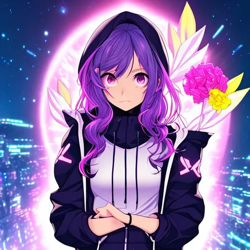 Prompt: Y2K / FUTER THEME / ANIME STYLE / FUTURISTIC GIRL / HOLDING FLOWERS / HAS OVERSIZED HOODIE / FUTURISTIC BACKGROUND / LONG HAIR / FULL VIEW