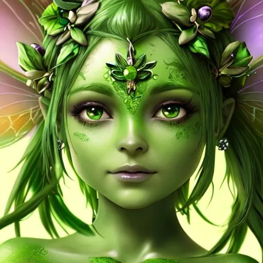 Prompt:  fairy goddess, with green skin, closeup
