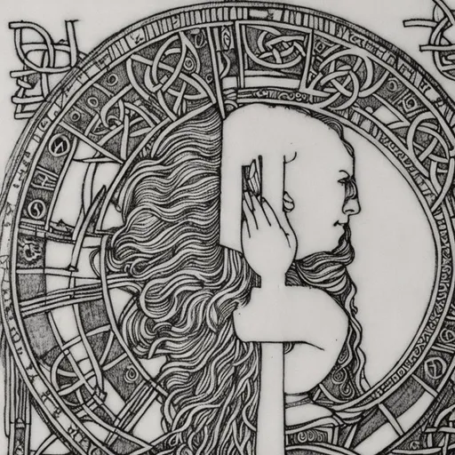 Prompt: (((woman)))), , Leonardo da Vinci's famous "Vitruvian Man". The woman is a ((square)) and a (((double circle))), with 12 ((Celtic knot)) symbols between the two circles. The woman has long, wavy hair. The face is symmetrical, extremely detailed, and charming. the whole body is harmonious, muscular, lean, and beautiful. The arms and legs are anatomically correct. the hands are richly detailed. labia pubis. The Celtic symbol system pervades the whole image. 3D model, {{{highest quality concept art masterpiece}}}