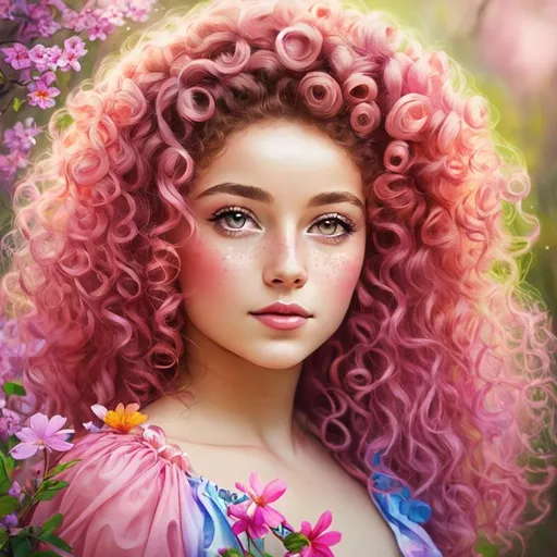 Prompt: a young fairy of spring, very curly hair, pink glow on cheeks,wildflowers, vivid colors, closeup