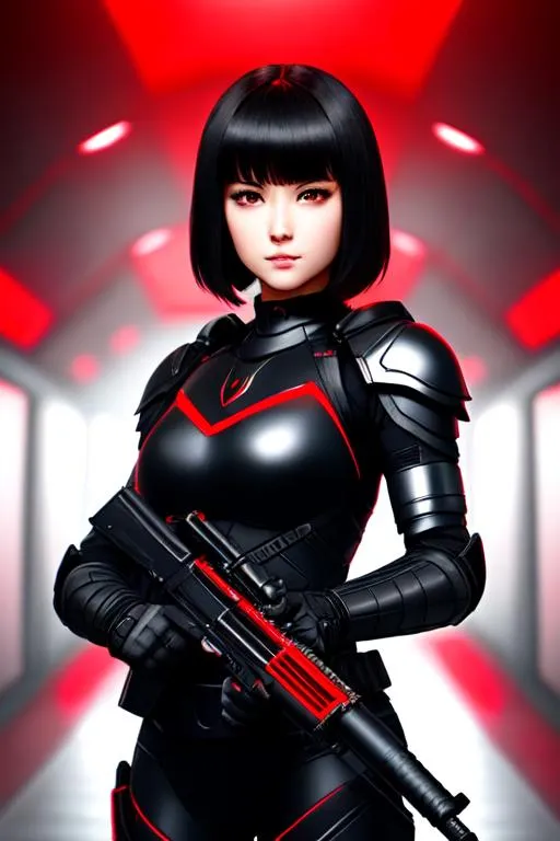 Prompt: Girl with dark short hairs, beautiful gentle face, black eyes, cyberninja in dark armor, standing with gun in red room, looking to the camera