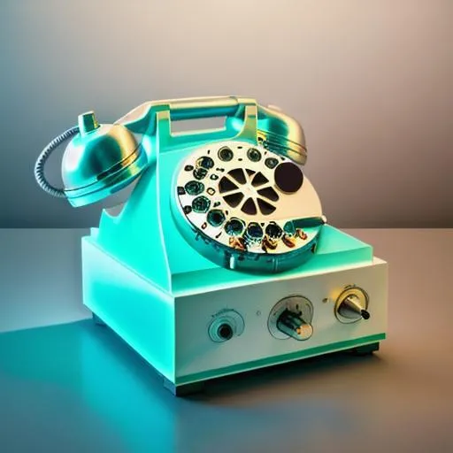Prompt: Old [rotary phone], gradient translucent glass melt, laser effect, caustics, design by dieter rams, minimalism, high detail, glow, white background, industrial design, studio lighting, c4d, Oc renderer, clean shadows, 8K --ar 16:9 --s 250 --style raw 