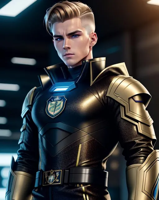 Prompt: perfect composition, {25 year old}, lean {irish man} ganger, wearing futuristic {tech shirt and future tech noble's coat}, {coat of arms on clothes}, {buzz cut dark blonde hair}, extra masculine, peak fitness, determined expression, looking at viewer, 8k eyes, detailed face, wlop, stanley artgerm lau, artstation, hd, octane render, hyperrealism intricate details, 8k, cinematic volumetric light, proportional, art trending on artstation, sharp focus, studio photo, intricate details, highly detailed, intricate artwork masterpiece, ominous, intricate, epic, trending on artstation, highly detailed, vibrant, production cinematic character render, ultra high quality model, 