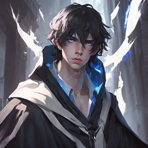 Prompt: young male yandere, exhausted blue eyes, heavy black bangs, pale skin, black cloak, magic,  concept art, epic lighting, finely-tuned, octane rendering