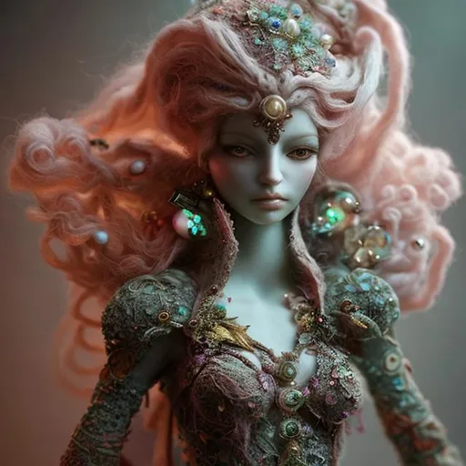 Prompt: needle-felted fantasy woman figures, gems and beads, lace, intricate details, insane details, volumetric lighting