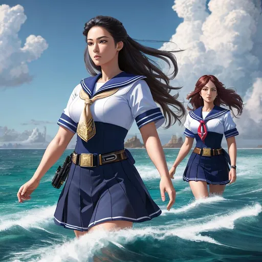 Prompt: {{{{highest quality concept art masterpiece}}}} digital drawing oil painting, 128k UHD HDR, hyperrealistic intricate, comic (HDR, UHD, 64k, best quality, RAW photograph, best quality, masterpiece:1.5),UHD, hd ,3 women in sailor military armour, 3 women wearing sailor uniforms. Ocean background, standing posing in front of a ocean, beach, ocean, full form, detailed sailor armor, highly detailed sailor clothing, on a boat, 3 detailed sailor girls.  {{{{highest quality concept art masterpiece}}}} digital drawing oil painting, 128k UHD HDR, hyperrealistic intricate.