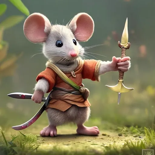 Prompt: A cute mouse warrior ready for battle with a little sword, realistic