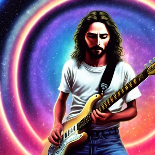 Prompt: jesus playing guitar in an alien shopping mall, infinity vanishing point, spiral galaxy background