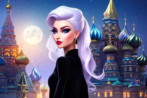 Prompt: head-on, surreal cartoon, high fashionista walking toward viewer, Stunning, glossy portrait of a stunning woman with lavender white hair pulled back into a bun, she is dressed like a Russian princess, metallic black fabric fabric, dramatic jewelry, dramatic necklace with a tiny dagger that looks real, background is architecture lit by the moon,  trending on artstation