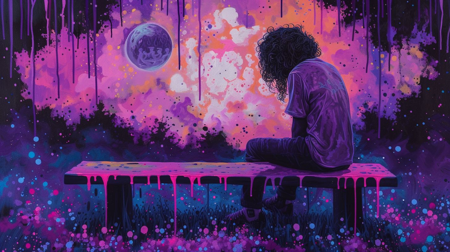 Prompt: a painting of a person sitting on a bench with a purple background and dripping paint on it, with a purple background, Dan Mumford, psychedelic art, josan gonzales and dan mumford, poster art