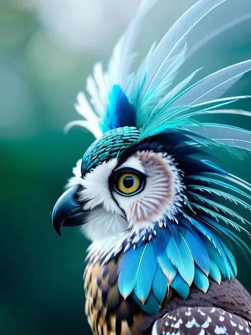 Prompt: A surreal hybrid of and a fantasy-owl-bird-of-paradise-sparrow-full-body-shiny-metallic, delicate face, soft skin. detailed face, glittering skin, detailed eyes, hyperdetailed, sharp, intricated, fantasy, teal and ara blue feathers, filigree, jewels, filigree details, fog, intricated background, labradorites, dramatic lighting, 32k, UE5, octane render, digital art, concept art, bright colors, centered, kids story book style, muted colors, watercolor style, kids story book style, muted colors, watercolor style