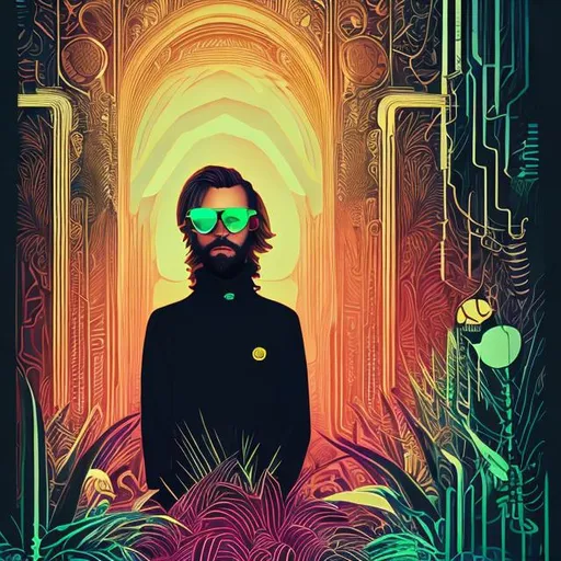 Prompt: Sven, DJ, Swedish, Blonde, Beard, house plants, sunglasses, pancho, turtleneck, anime, poster, psychedelic colors, Danish modern house, desktop background, gold chain, deep house music, trippy, baroque, Victorian, symmetrical