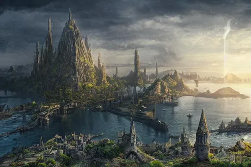 Prompt: cinematic composition, hyper realistic, highly detailed, concept art, dynamic range, depth of field,  Elven city on the shores of a crescent shaped bay with a single island in the middle with a large tower

