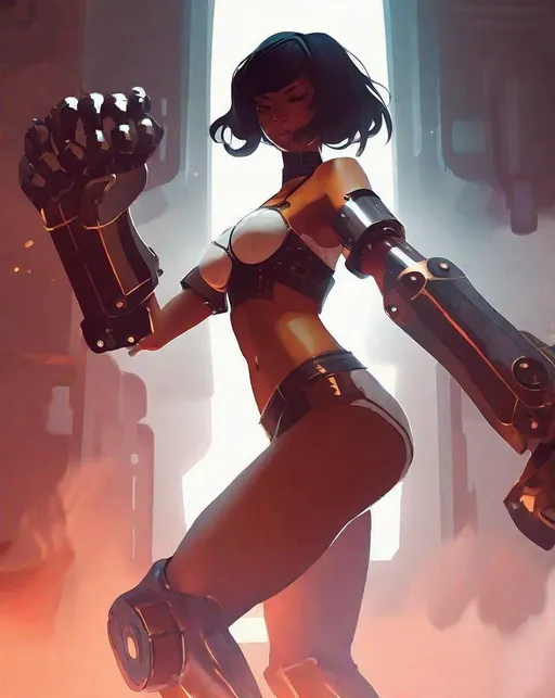 Prompt: A fierce cyborg warrior princess straps on a pair of massive mechanical arms, gears whirring as she rotates the thick hydraulic fists. Dramatic side lighting cuts through billowing smoke to silhouette her menacing form. In the style of Ilya Kuvshinov.